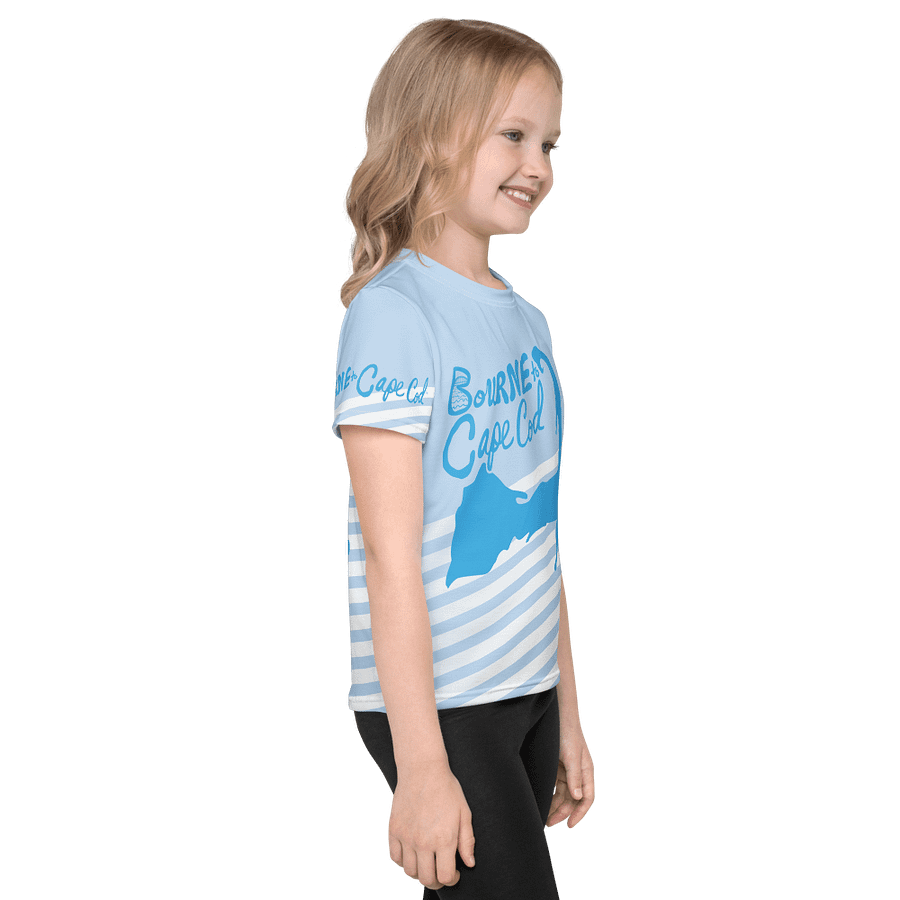 Girls' | Little Kids T-Shirt | BOURNE to Cape Cod™ | Front & Sleeve Logo | BRN.2C.C.™ Back Graphic | Vibrant Coastal Tee for Kids | Blue Logo on Skyline Stripes product image (4)