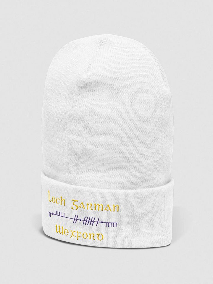 Wexford/Loch Garman, Scholastic style Ogham, white with purple and yellow, embroidered Cuffed Beanie product image (2)