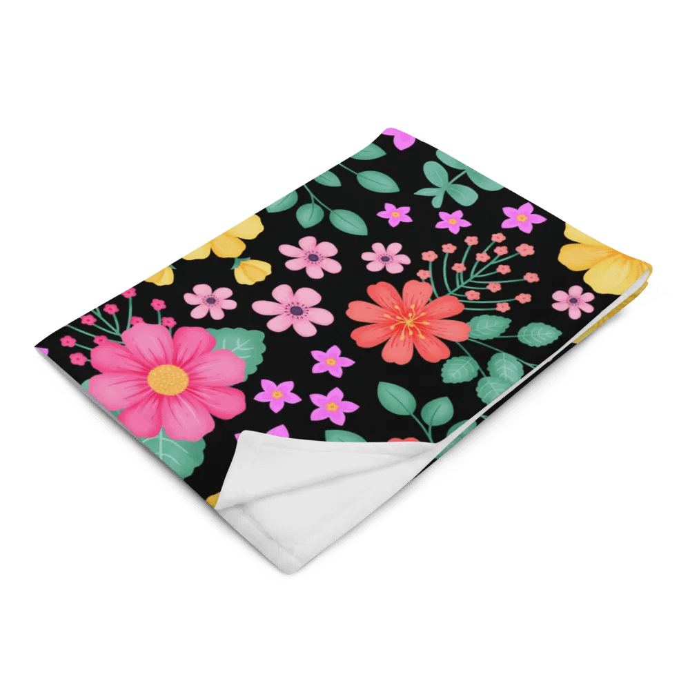 Vibrant Floral Blooms Pink Yellow Orange Blanket - Black product image (3)