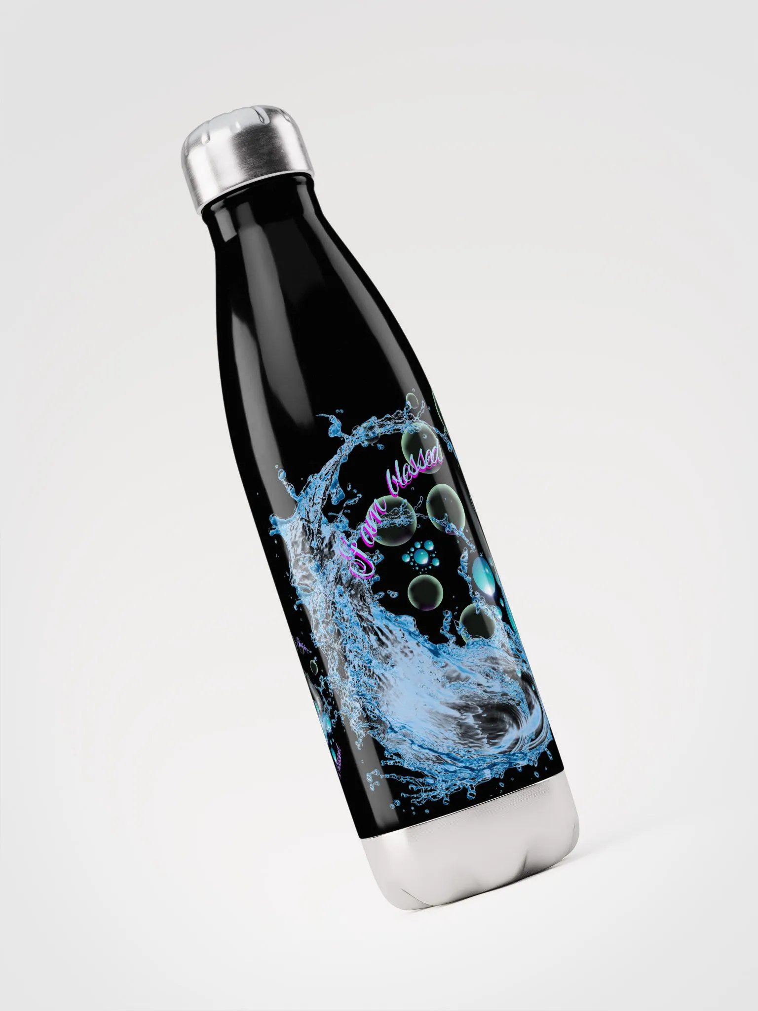 water bottle with beautiful swirly blue water splash and drops design featuring “ I am blessed’ product image (3)