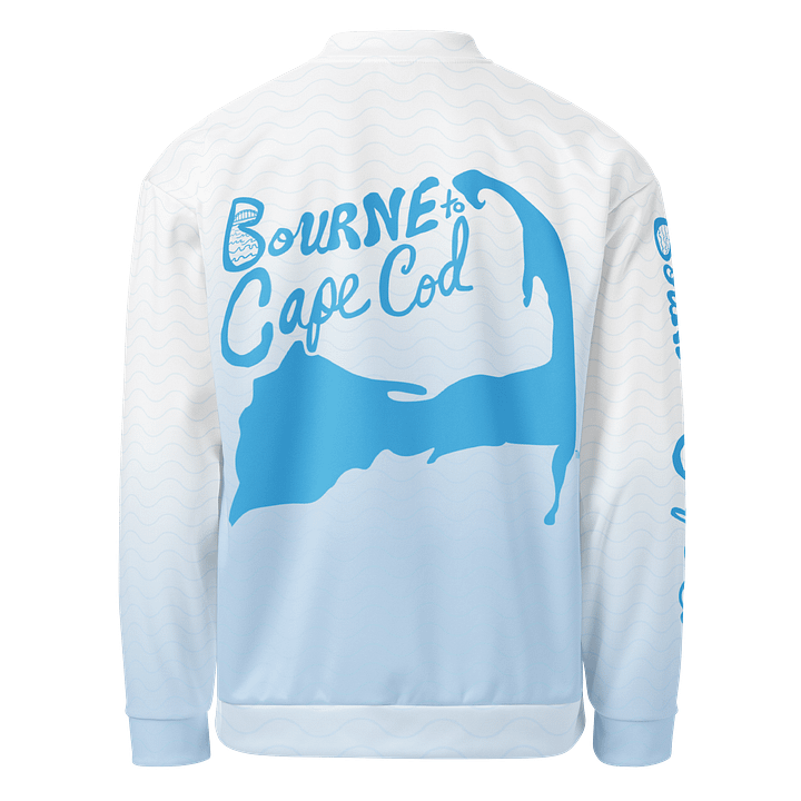 All-Over Print Bomber Jacket | Coastal Cool, City Bold | BOURNE to Cape Cod™ + BRN.2C.C.™ Style | Deep Sky Blue Logos on Blue & White Ombre product image (2)