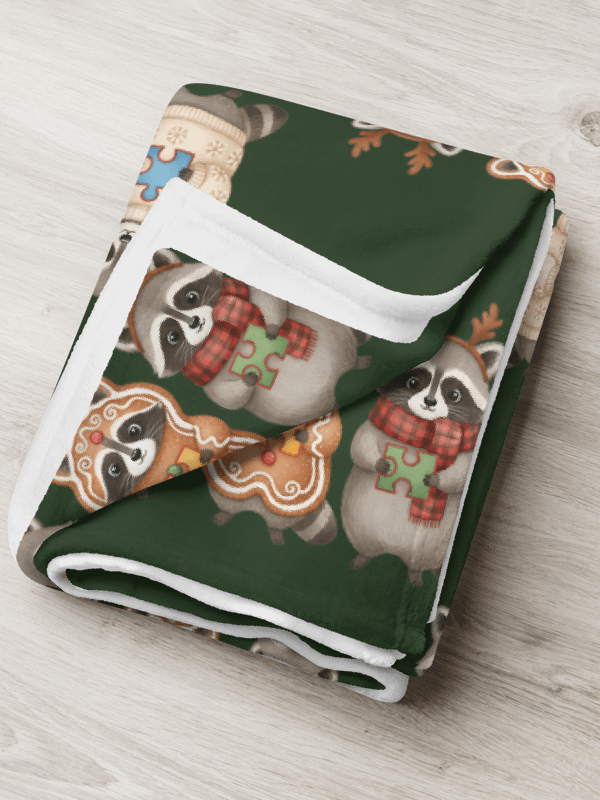 Cozy Green Fuzzy Throw Blanket – Christmas Raccoon Puzzle Design product image (1)