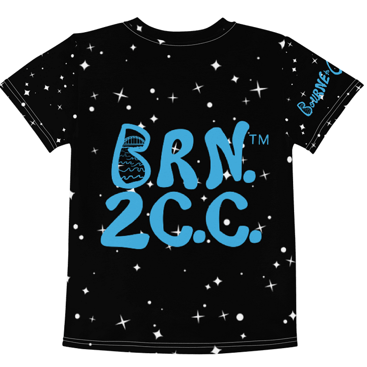 Girls | Little Kids T-Shirt | BOURNE to Cape Cod™ | Front & Sleeve Logo | BRN.2C.C.™ Back Graphic | Vibrant Coastal Tee for Kids | Blue Logo on Starry Black product image (2)