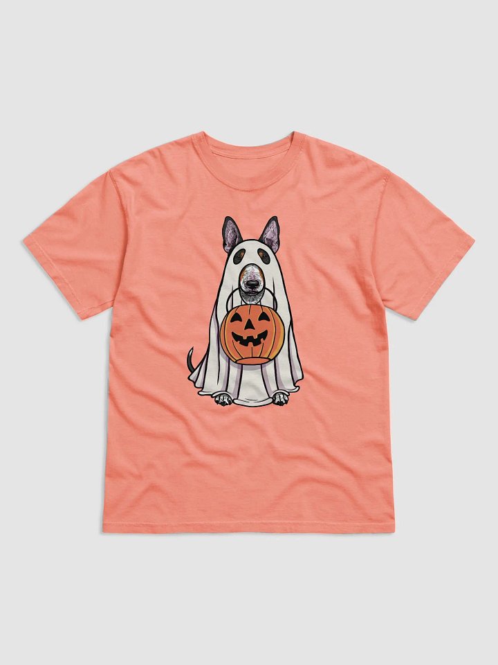 Funny Halloween Bull Terrier(Tricolor) T-Shirt | Funny Dog Wearing a Ghost Costume and Holding a Pumpkin Basket product image (1)