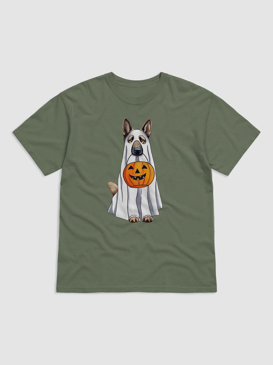 German Shepherd Halloween Tee | Funny Halloween German Shepherd Wearing a Ghost Costume with Pumpkin Basket product image (2)