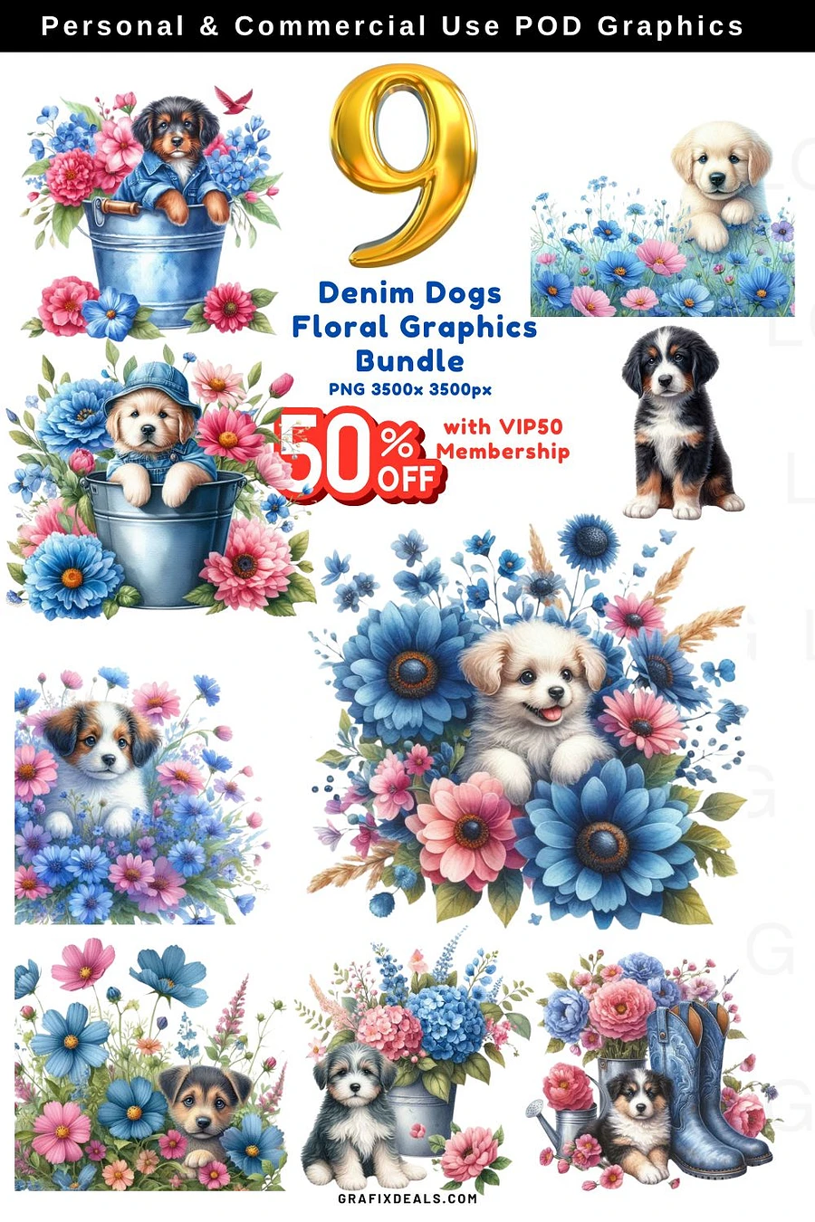 Denim Dogs! Cute Puppy Dog Graphics Bundle Clipart - Commercial POD Use Clipart product image (1)