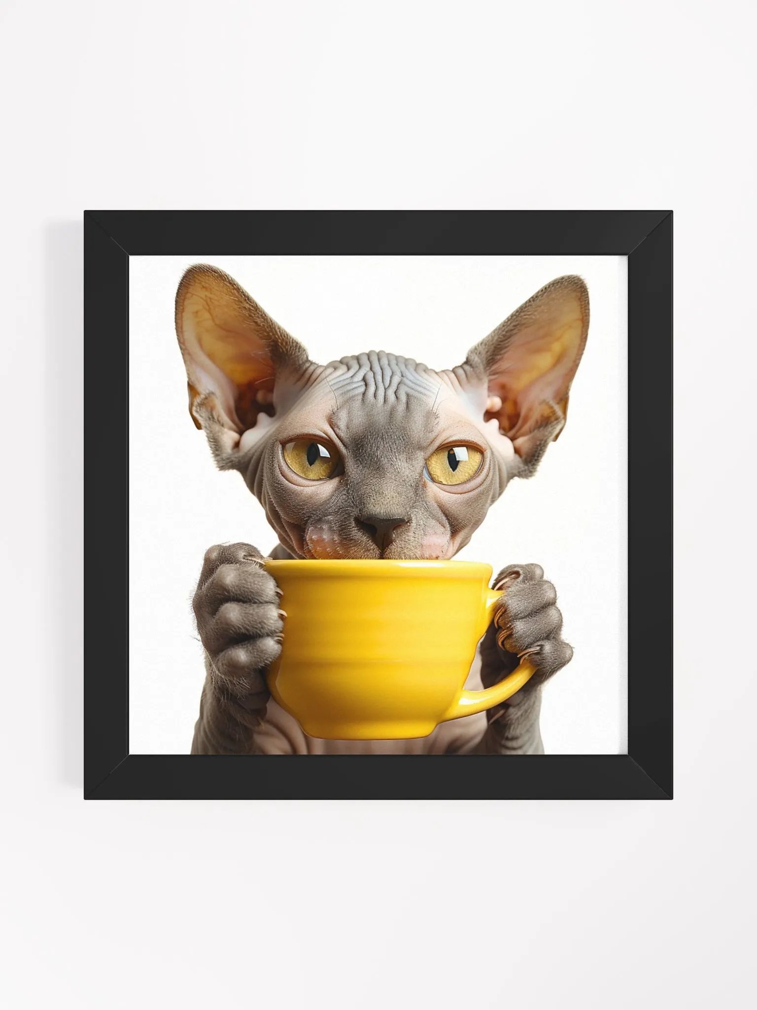 Coffee Lover Cute Grey Hairless Sphynx Kitten Framed Wall Art product image (1)