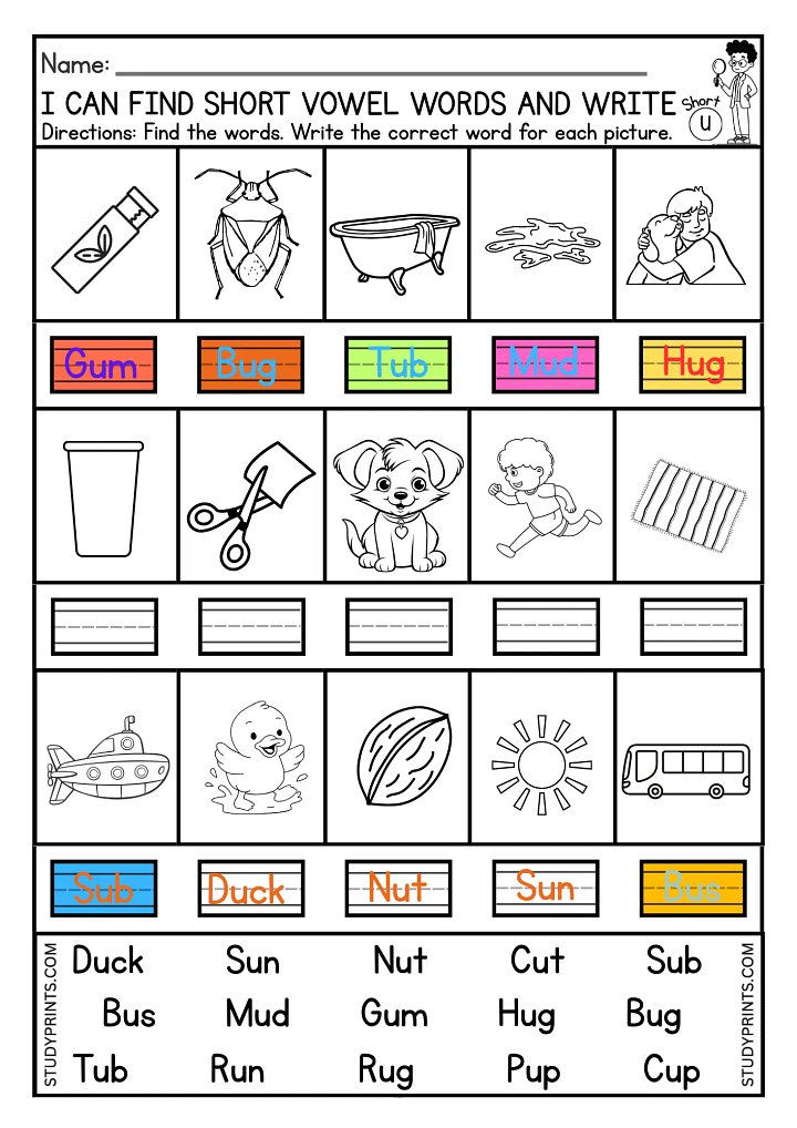 Short Vowel Worksheets For Kids Write & Color Printable product image (1)
