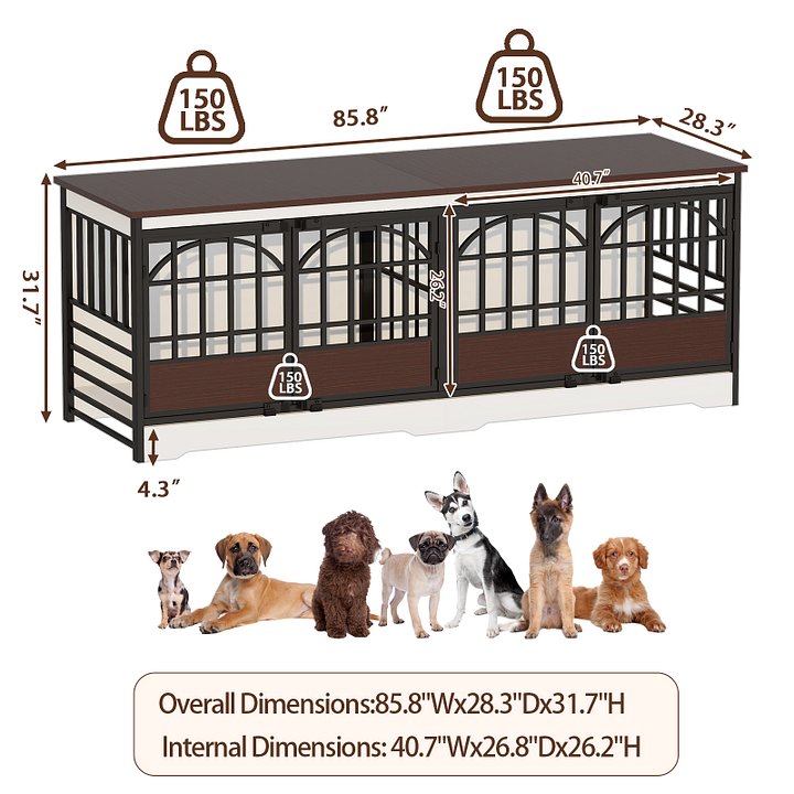 86 Inch Double Dog Crate Furniture for 2 Large Dogs, Decorative Dog Kennel Indoor TV Stand, Heavy Duty Wooden Dog Cage for Large Medium Dogs Sized Dog Pet House with Divider (White) product image (2)
