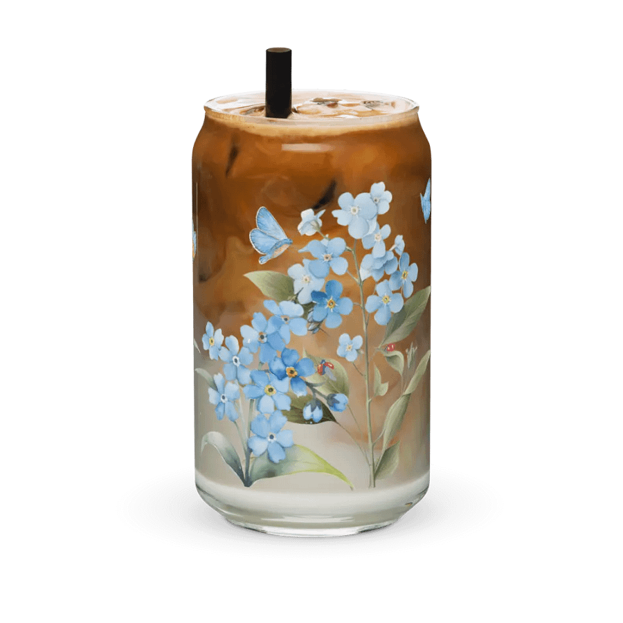 Forget-Me-Not Whispers Glass Can Tumbler | 16oz Eco-Friendly Botanical Drinkware | Blue Blossoms & Butterflies Design product image (12)