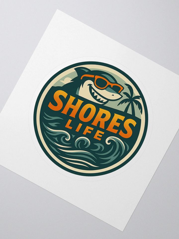 Shores Life Shark Sticker – Cool Beach Logo with Sunglasses & Waves | 4" x 4" Decal product image (2)