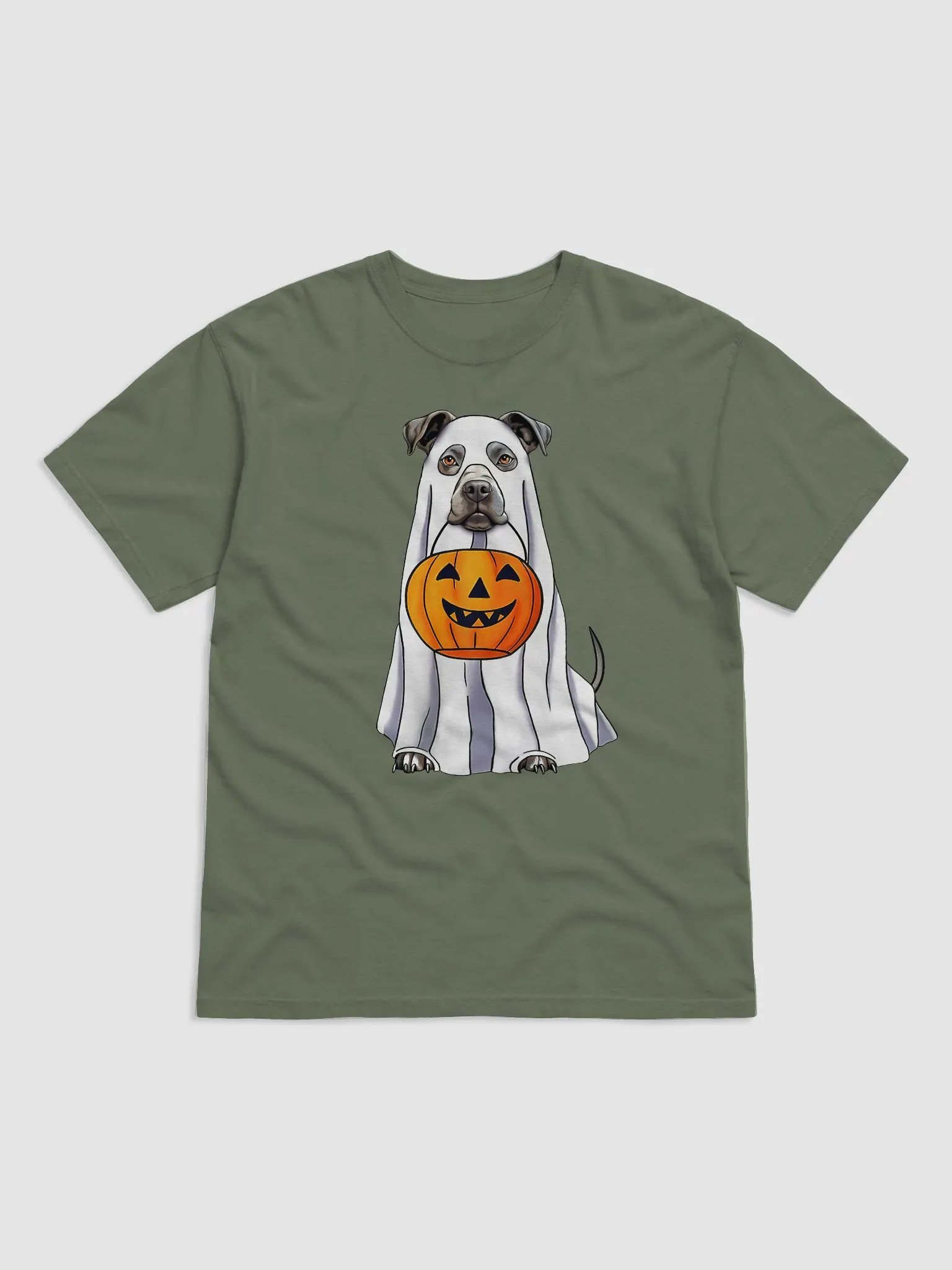 Pitbull(Blue/Gray) Halloween Tee | Funny Halloween Staffordshire Wearing a Ghost Costume with Pumpkin Basket product image (2)