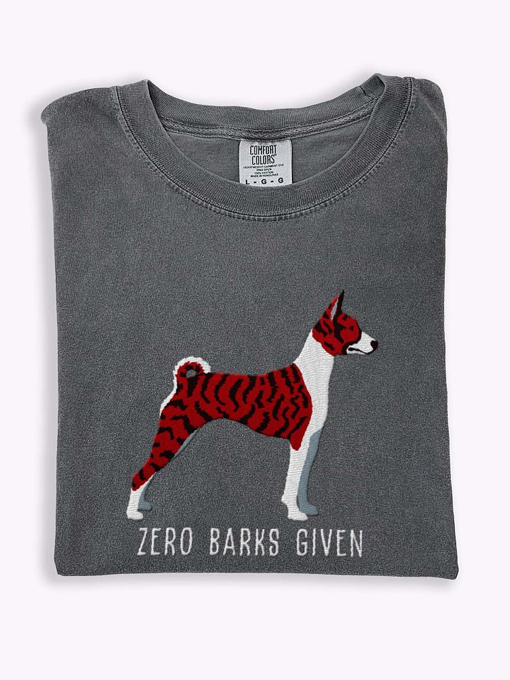 Zero Barks Given T-Shirt(Embroidered) of a Basenji(Brindle) product image (1)