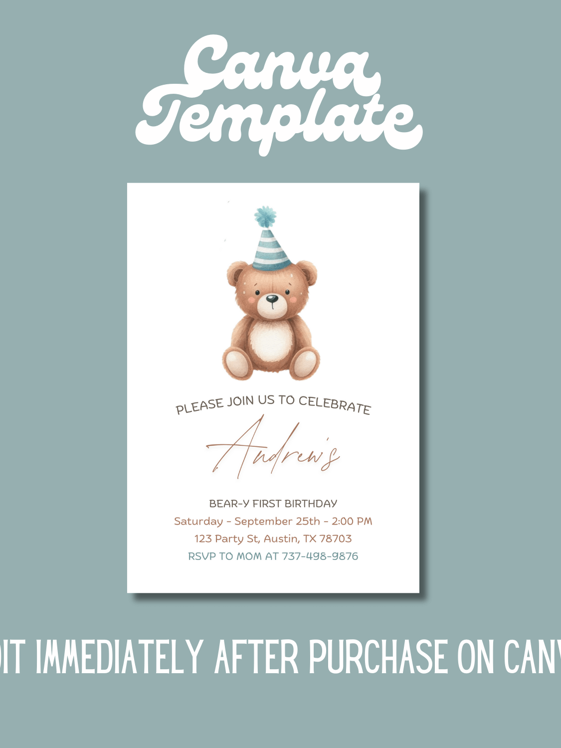 Beary First Birthday Invitation – Editable Greenery Bear Theme Canva Template, Instant Download product image (4)