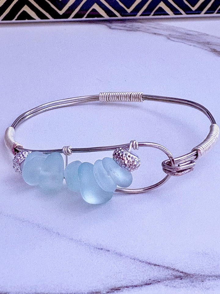 Seafoam Pebble Tide Bracelet | Wire-Wrapped Sea Glass | Handmade 7.75" Coastal Charm by Monique Faella Designs™ | MFD-00200 product image (1)