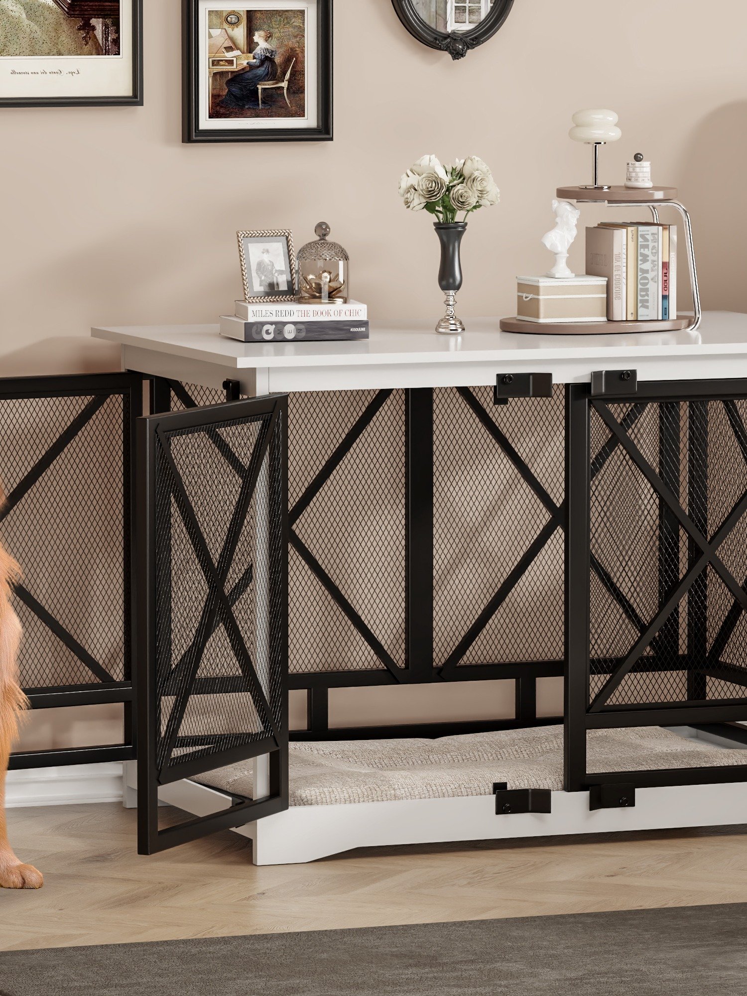 48 inch Extra Large Dog Crate Furniture,Double Door Indoor Kennel,End Side Table Wooden Dog Crates,Anti-Chew Anti-Escape, White product image (9)