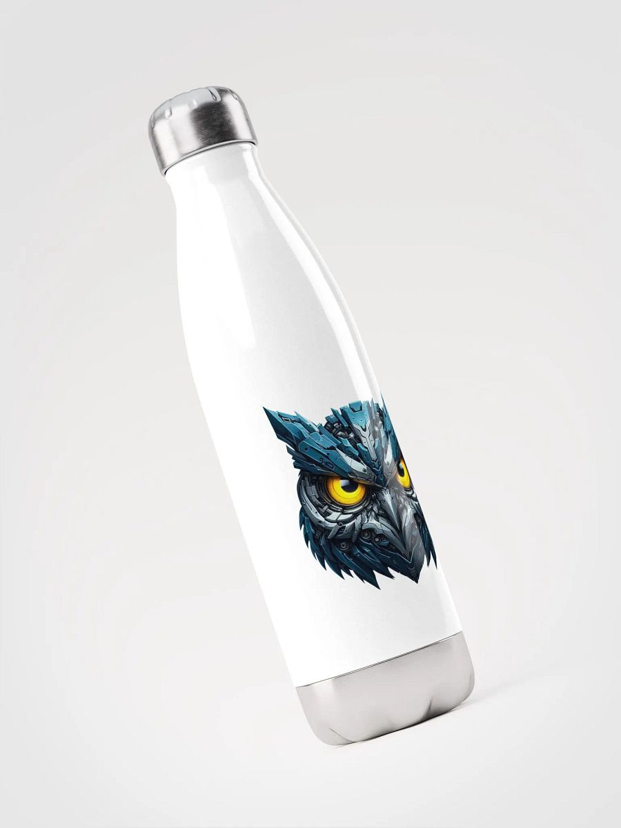White Stainless Steel Water Bottle with Blue Iron Owl Robot Design product image (3)