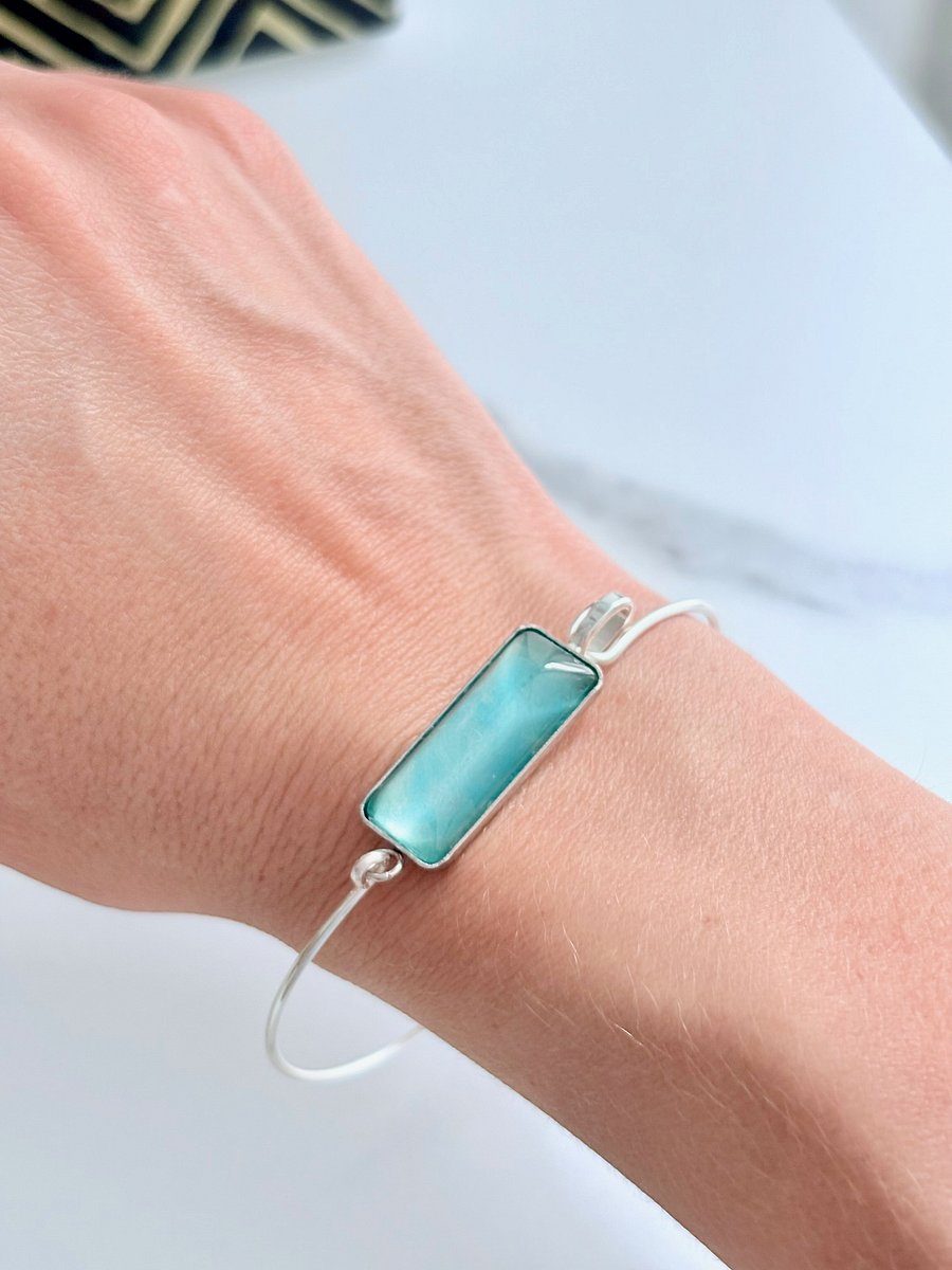 ⚡ Electric Tide Bangle | 7" Silver-Plated Wire Bracelet with Blue Green Rectangle Charm | Handmade Coastal Charm Jewelry by Monique Faella Designs™ | MFD-00172 product image (6)