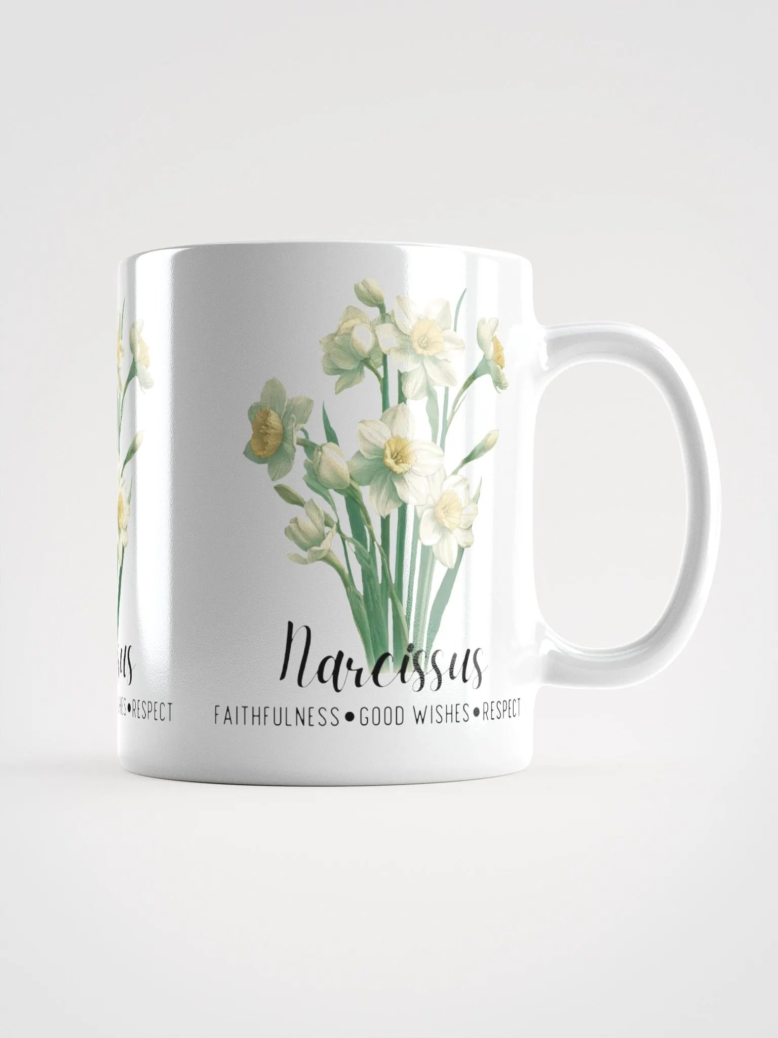 Narcissus Ceramic White Mug: Faithfulness, Good Wishes, Respect December Birth Month Flower product image (3)