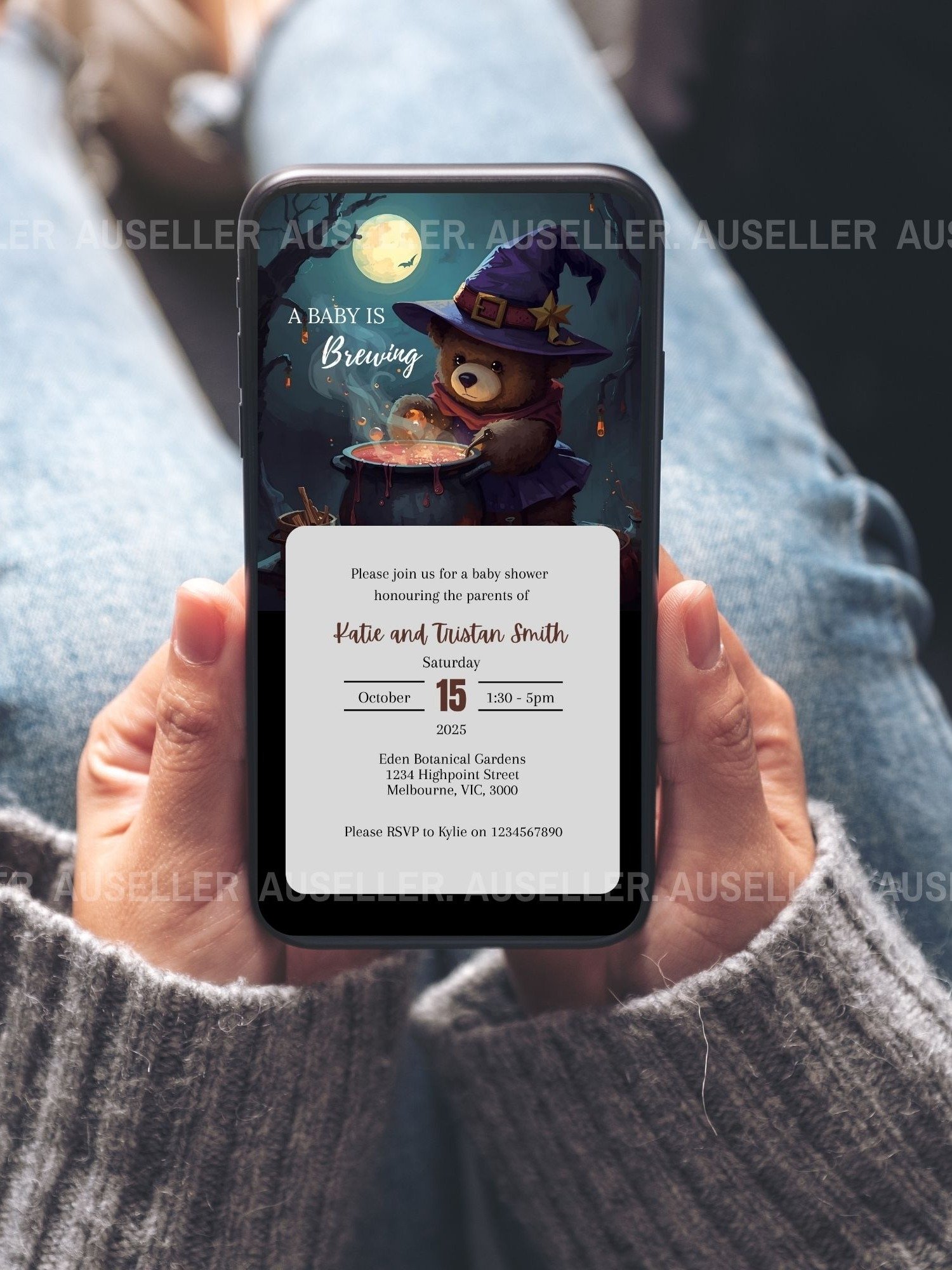 Teddy Bear & Cauldron Nighttime Forest Themed 'A Baby Is Brewing' Halloween Baby Shower Invitation product image (8)