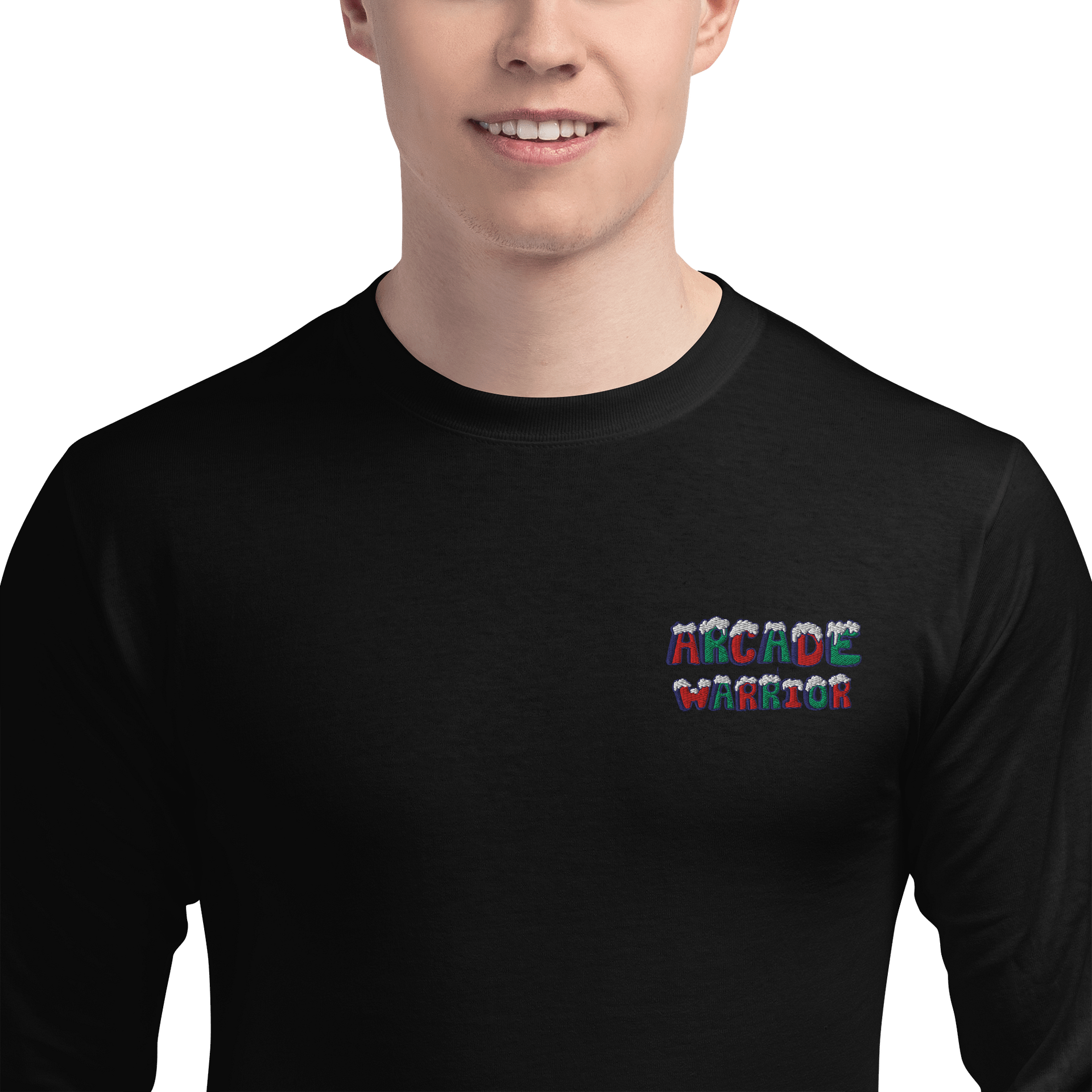 Arcade Warrior Holiday Logo Unisex Champion Pocket Logo Embroidered Long Sleeve Shirt 2025 product image (1)