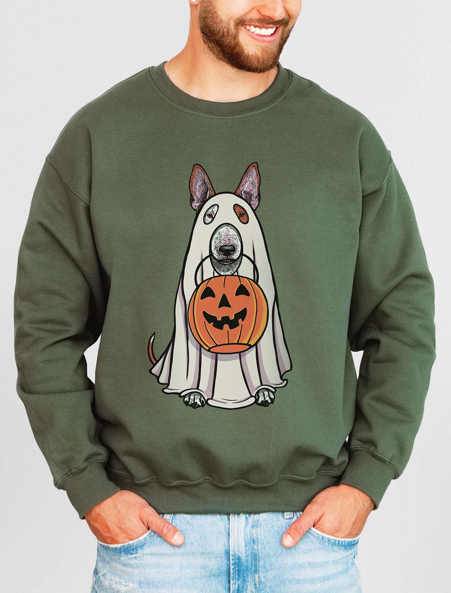 Funny Halloween Bull Terrier(Red) Sweatshirt | Funny Dog Wearing a Ghost Costume and Holding a Pumpkin Basket product image (15)
