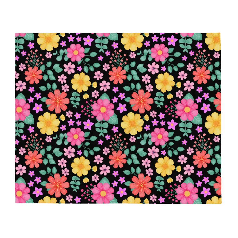 Vibrant Floral Blooms Pink Yellow Orange Blanket - Black product image (2)