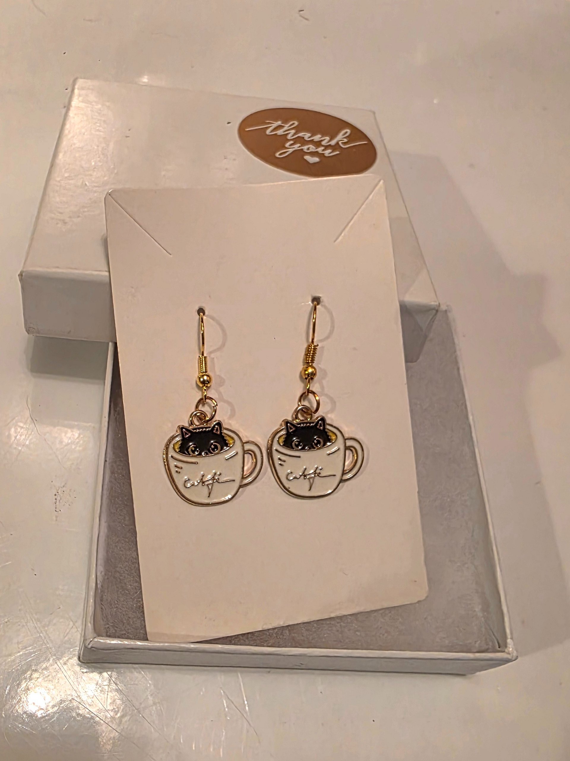 Purrrfectly Cozy Café Cat Earrings - Gold Dangle Hooks product image (3)