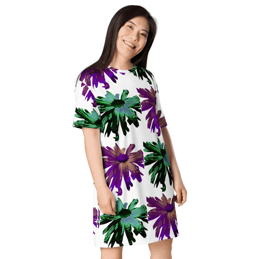 Abstract Green and Hibiscus Daises Ladies T Shirt Dress product image (8)