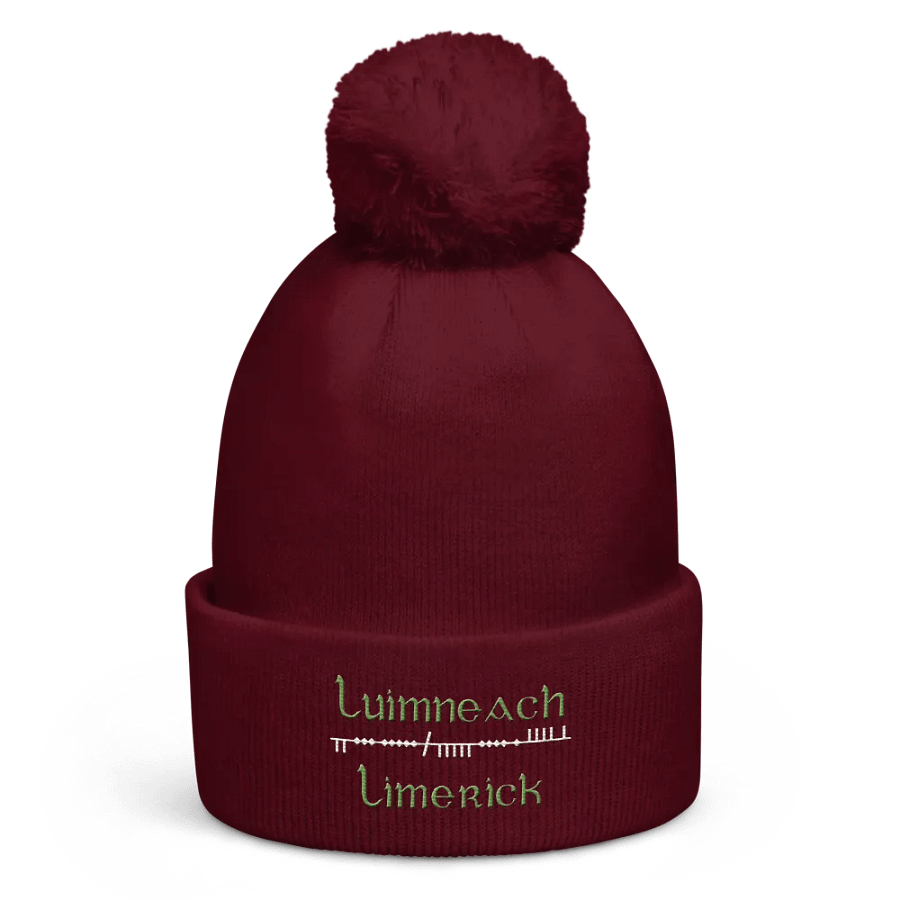 Limerick/Luimneach Scholastic style Ogham embroidered Pom-Pom Beanie product image (4)