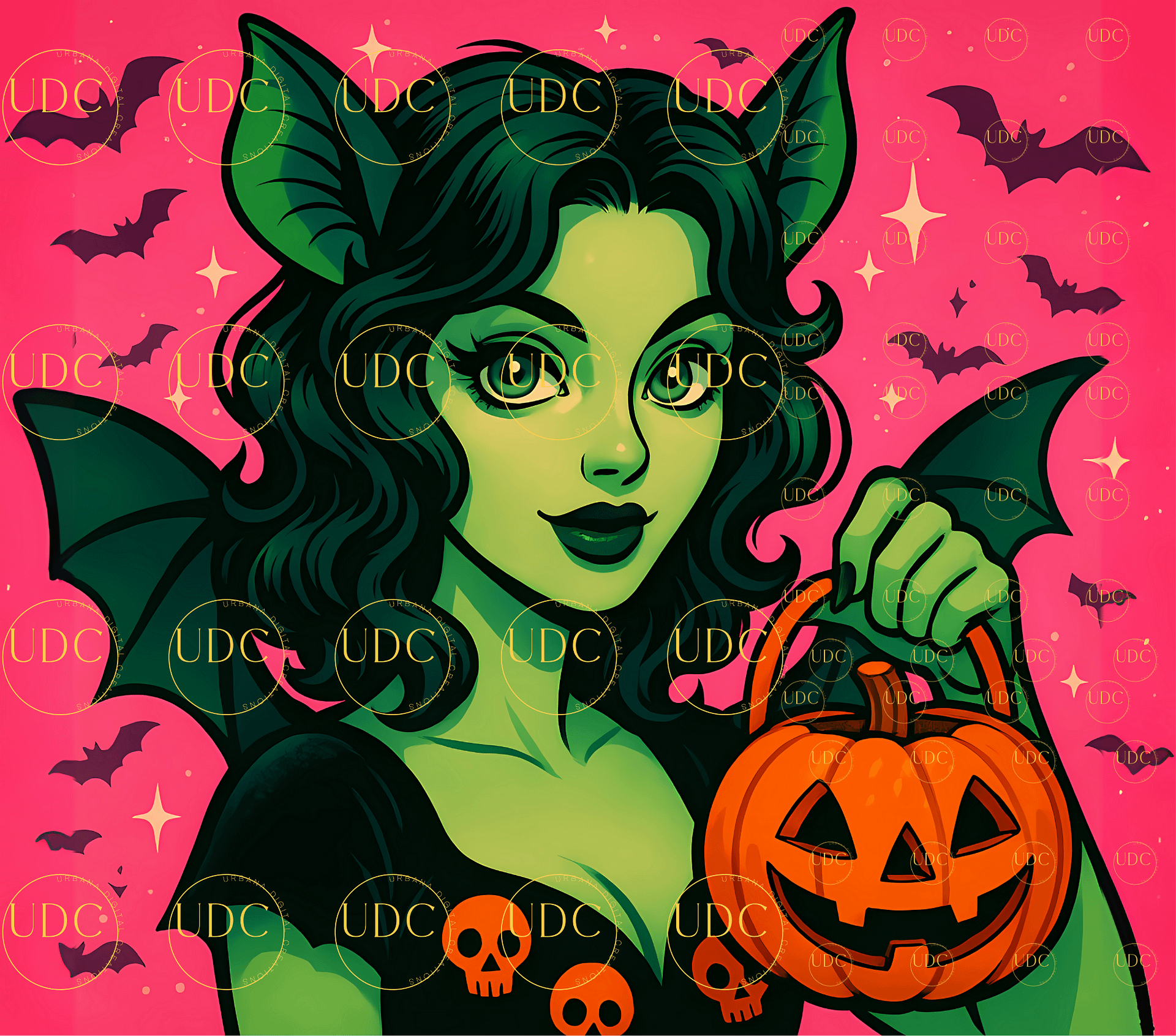 Green Bat-Wing Witch Halloween Tumbler Wrap PNG – Spooky Glam Girl with Pumpkin & Pink Bat Background for 20oz Skinny Tumblers product image (1)