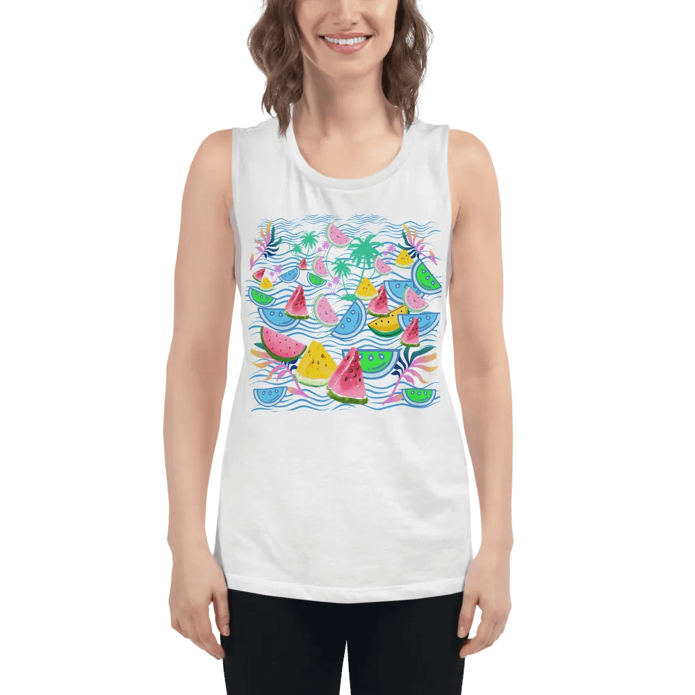 Ladies flowy muscle tank with fun tropical watermelon design for holiday vibe in summery colors product image (5)
