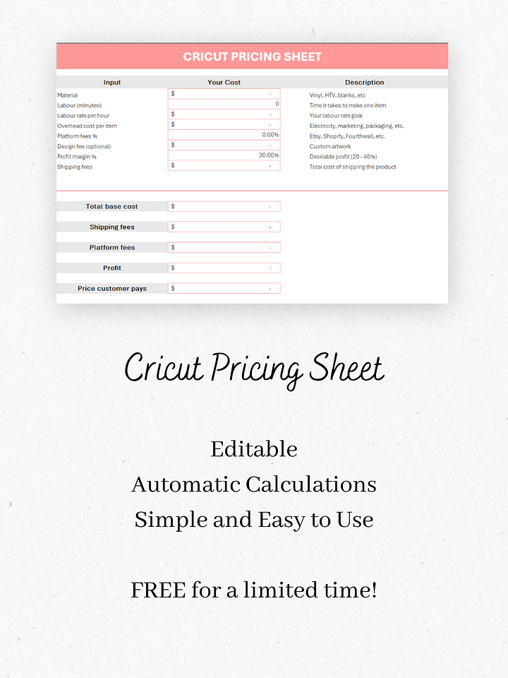 Cricut Pricing Sheet product image (2)