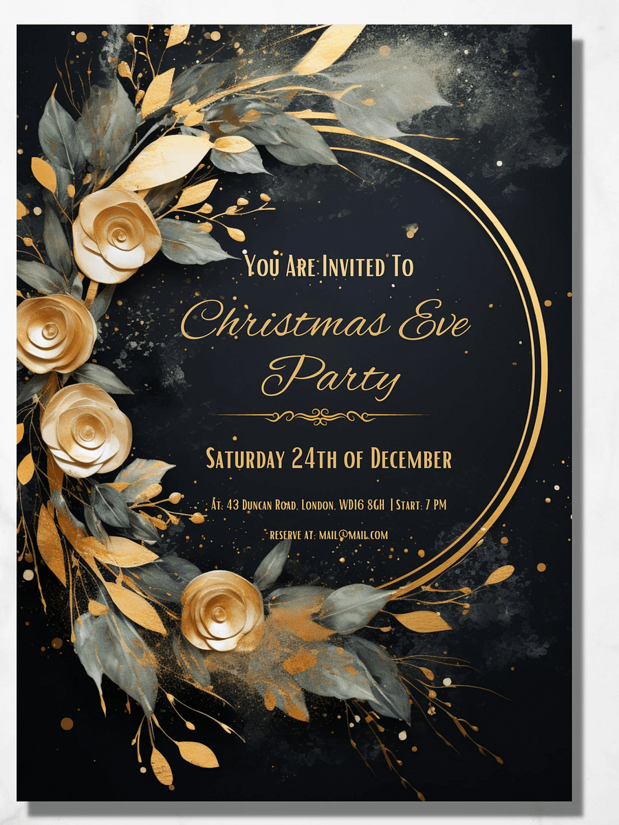 3D Golden Roses Christmas Eve Party Invitation | Editable in Canva | Christmas Party Printable | Holiday Invitation Template | Link to Canva product image (7)