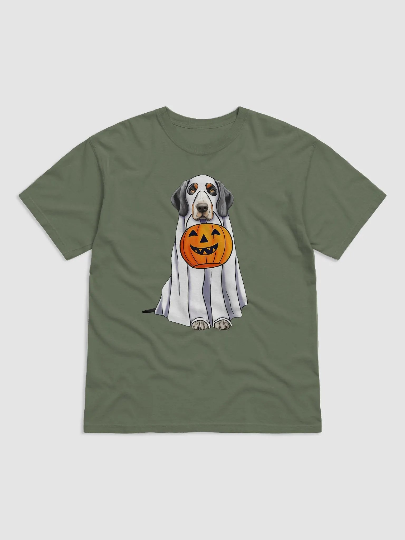 Bluetick Coonhound Halloween Tee | Funny Halloween Bluetick Wearing a Ghost Costume with Pumpkin Basket product image (2)