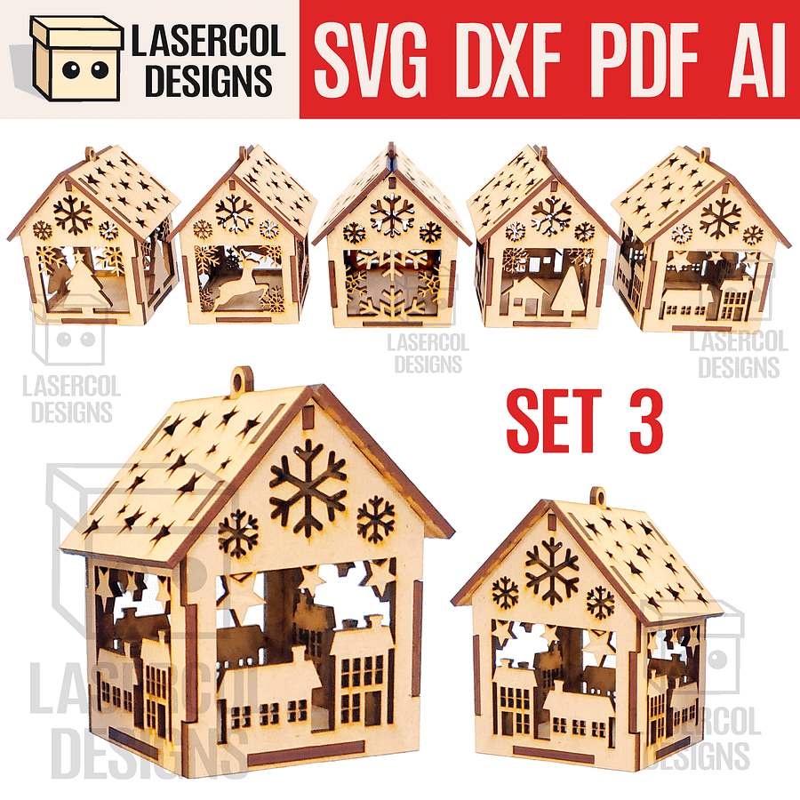 Christmas House Ornaments Set 3 (2 Sizes, 5 Styles) - Laser Cut Files product image (1)