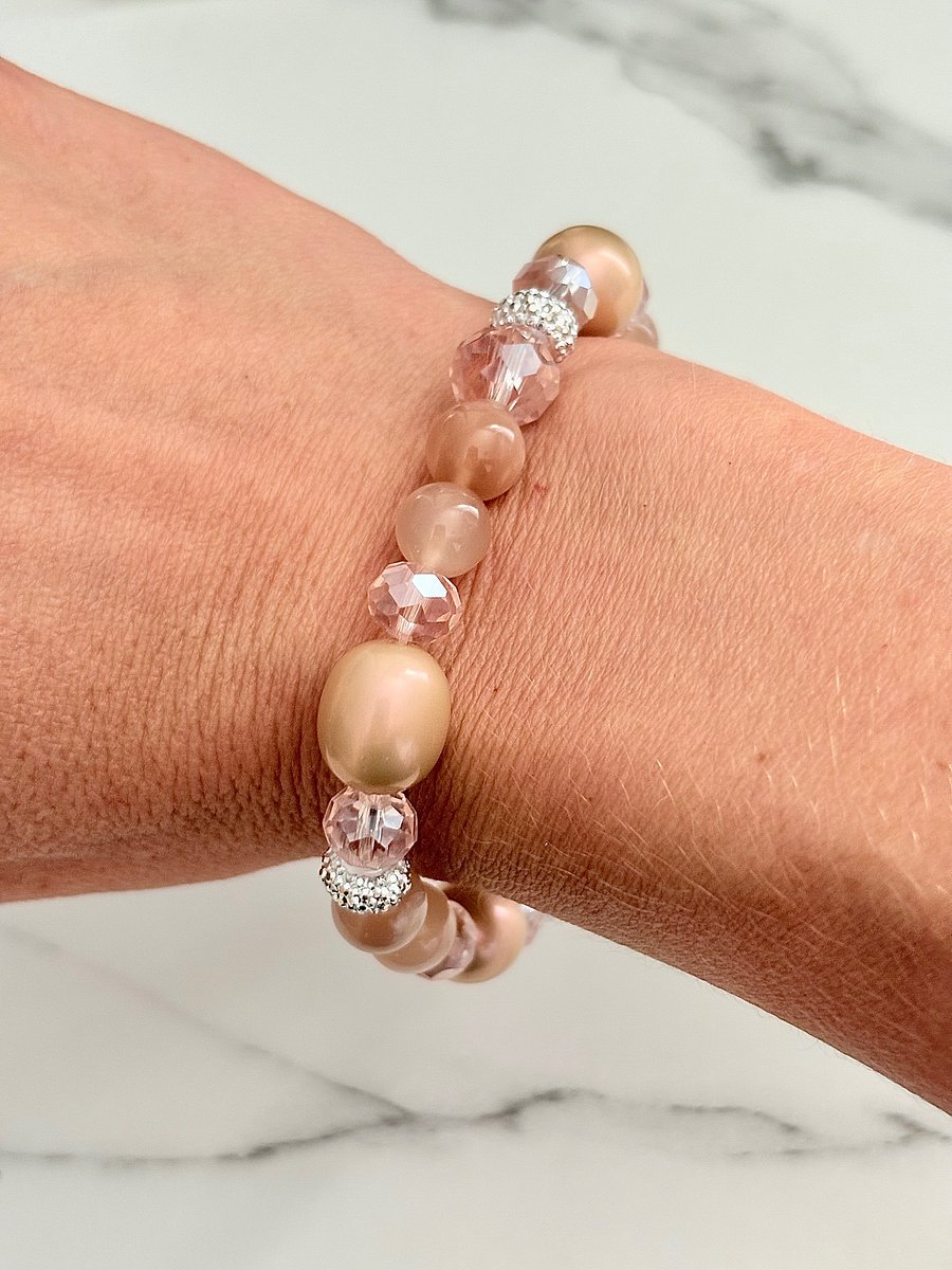 Blush Reverie | Semi-Precious & Pearlescent Bead Bracelet | Handmade 8" Stretch Bracelet | Coastal Charm Jewelry by Monique Faella Designs™ | MFD-00049 product image (4)