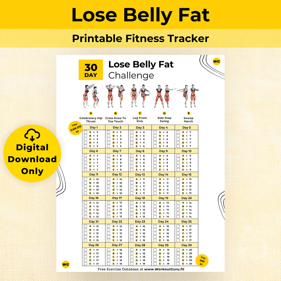 30 Day Lose Belly Fat Challenge - Printable Workout Tracker product image (1)