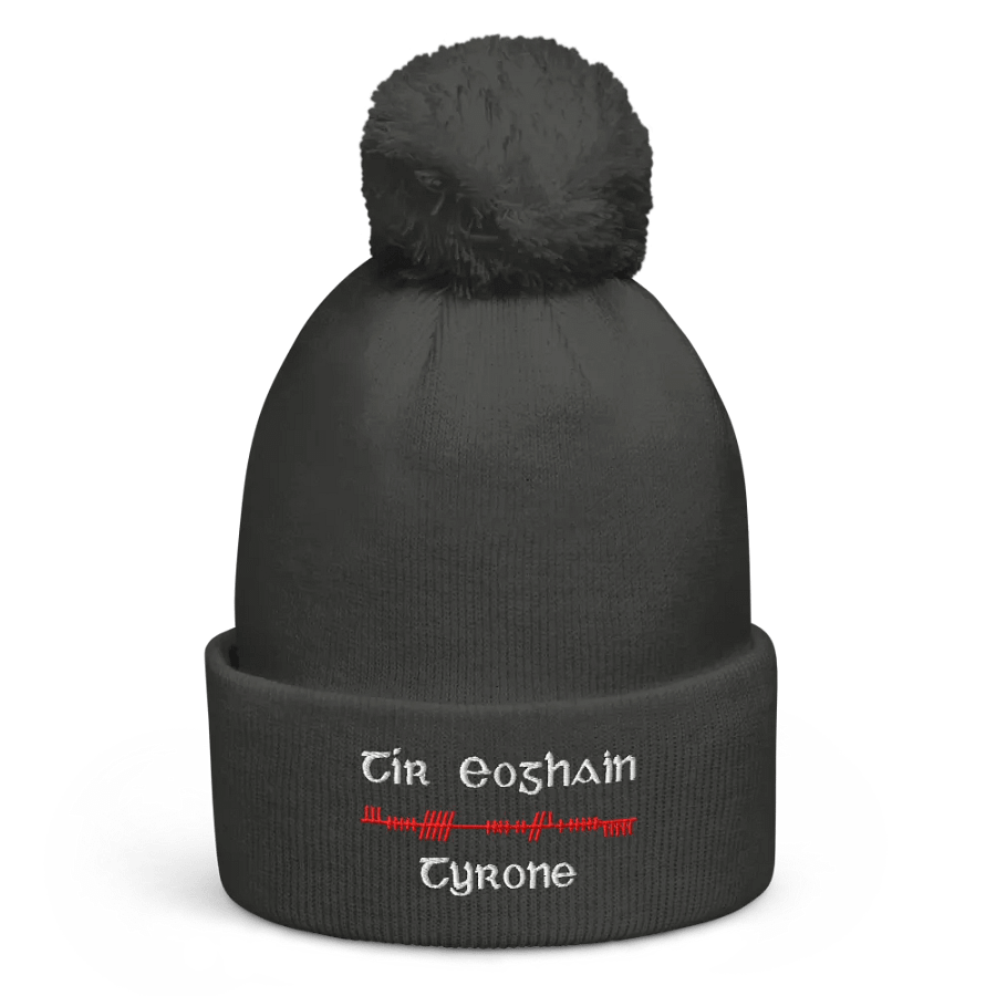 Tyrone/Tír Eoghain, Orthodox style Ogham, red and white, embroidered Pom-Pom Beanie product image (4)