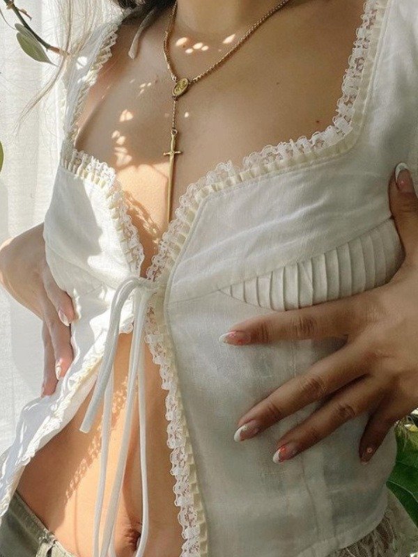 Summer New Fashion Solid Color Bamboo Lace Edge Strap Vest Cardigan product image (1)