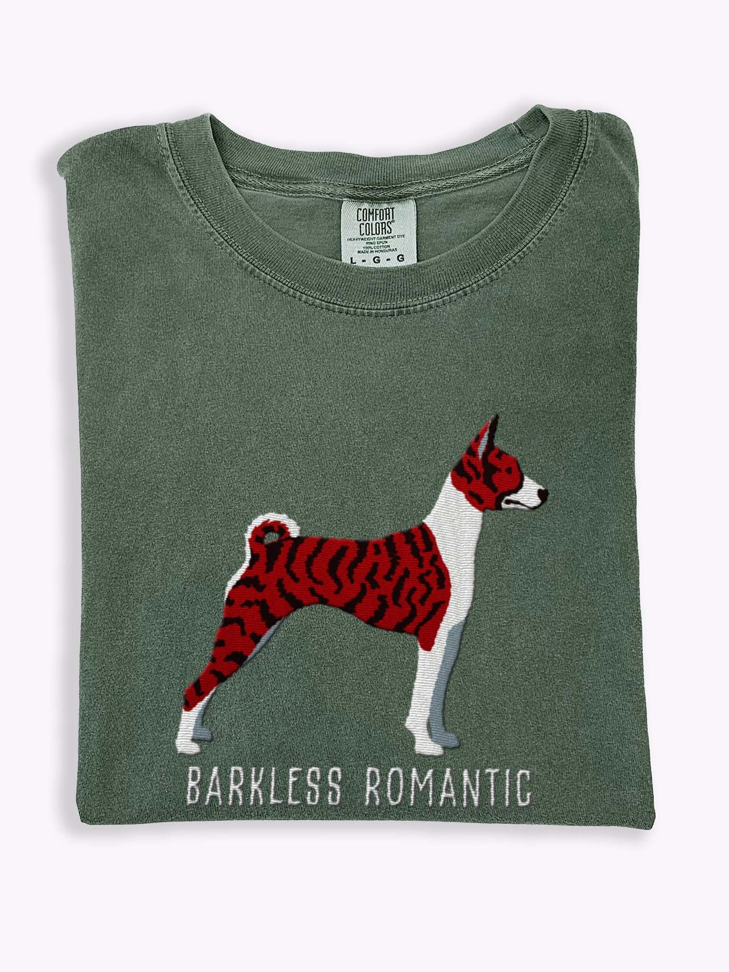 Barkless Romantic T-Shirt(Embroidered) of a Basenji(Brindle) product image (1)