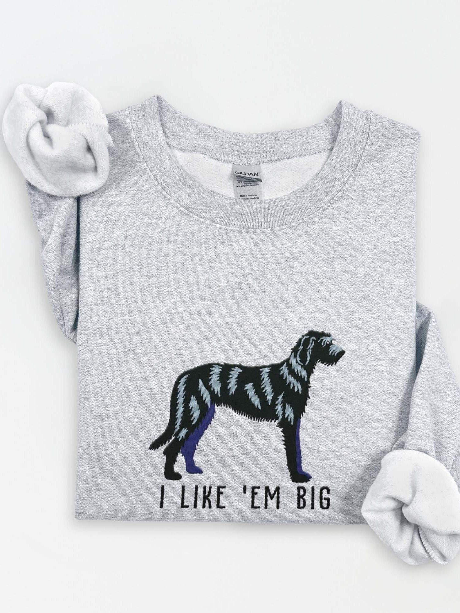 I Like 'Em Big Sweatshirt (Embroidered) of an Irish Wolfhound(Black) product image (1)