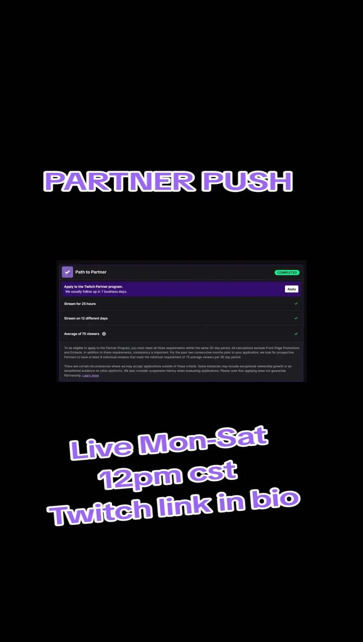 🚨 WE GOT OUR APPLY BUTTON!!! 🚨 But the push isn’t over yet 👀 Twitch needs 16 streams with 75+ avg viewers in the last 60 days from when we hit apply — so we're not stopping now. 🔥 LET'S SHOW TWITCH WE MEAN BUSINESS 🔥 Every stream counts. Every viewer counts.  THE 60 day PUSH STARTS NOW. 💪 #TwitchPartner #StreamTeam #RoadToPartner #purplepush #thisisouryear #kbcrew #partner2025 #partnerpush 