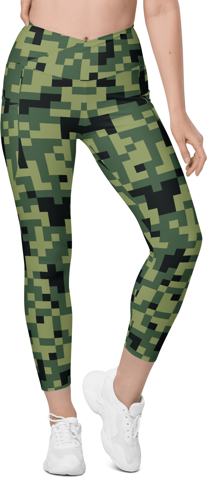 Military Green Camouflage Pixels Camo Pattern Crossover Leggings with Pockets product image (2)
