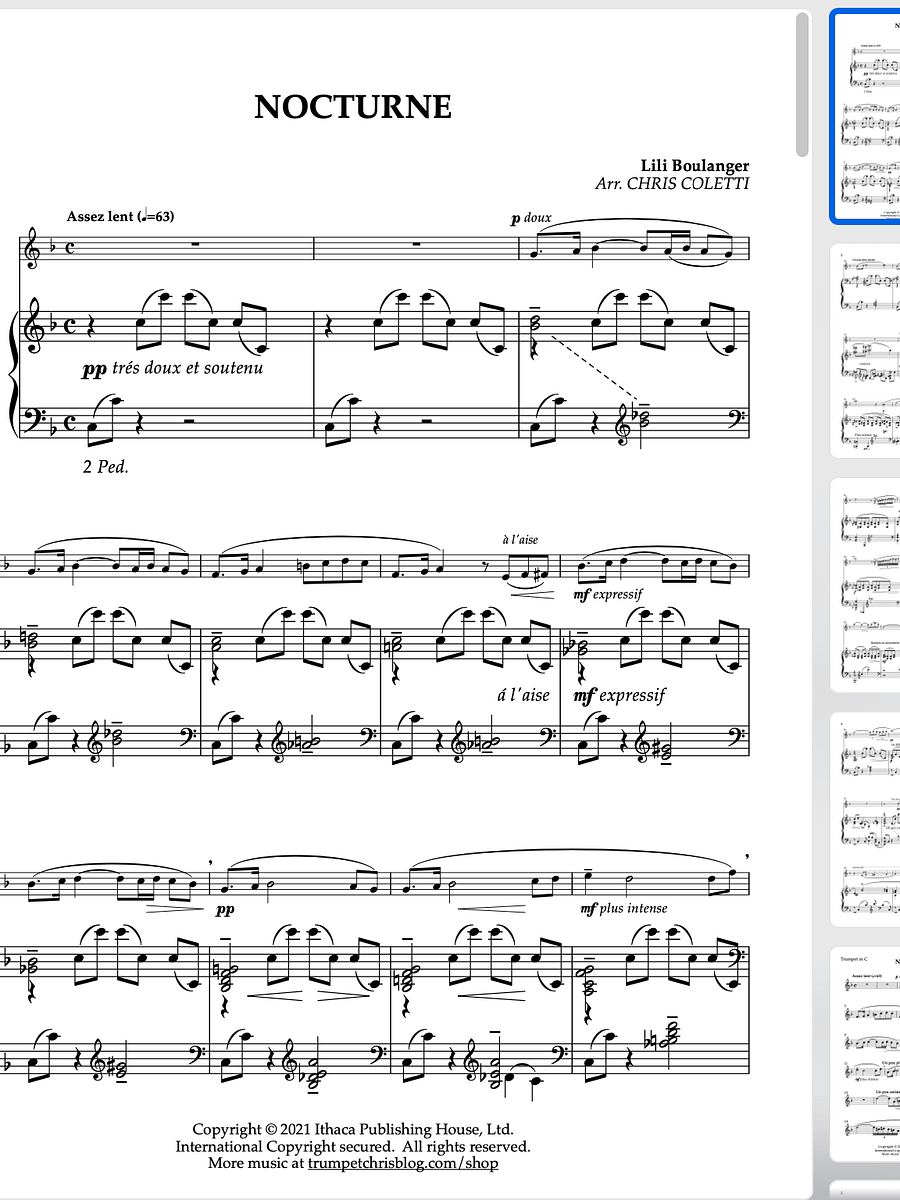 Lili Boulanger: NOCTURNE for Solo Trumpet and Piano product image (1)