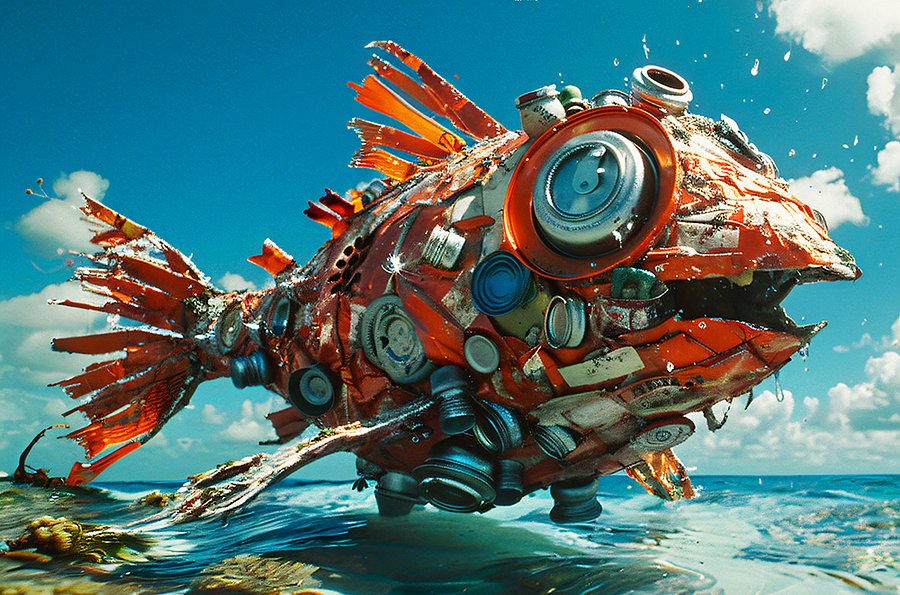 Trash Fish Ocean Pollution Art Print – Surreal Recycled Marine Debris Artwork product image (1)