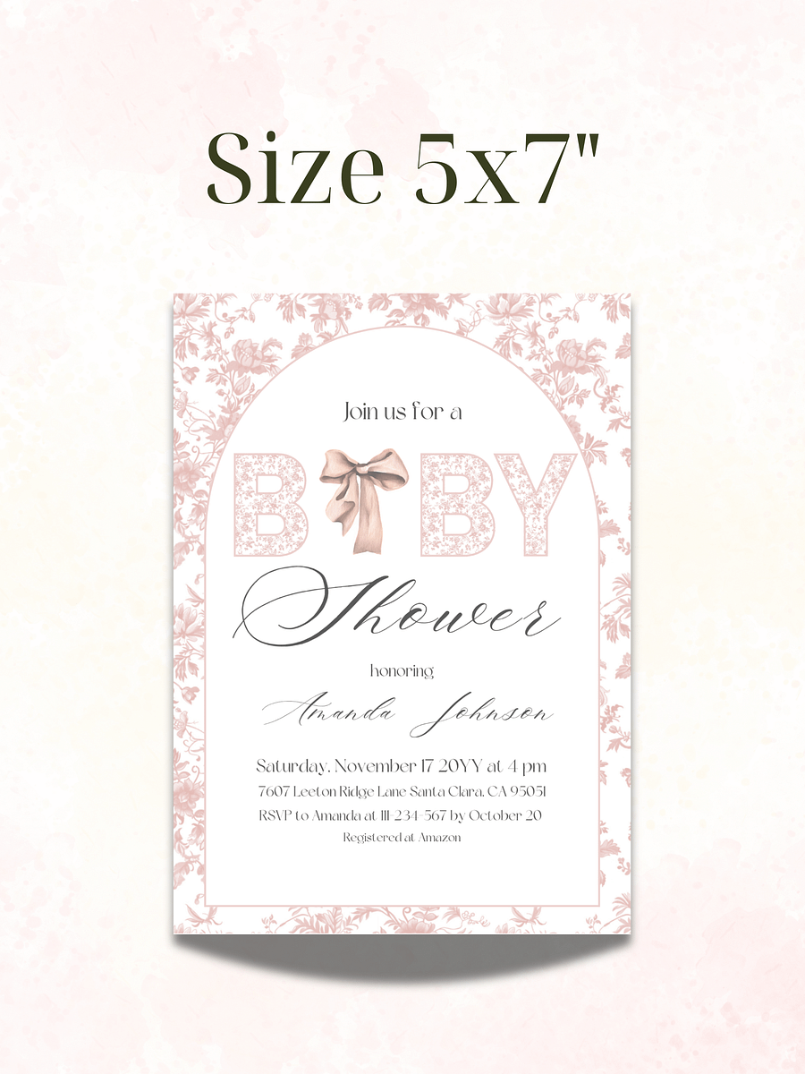 Pink Toile de Jouy and Bow Baby Shower Invitation, Chinoiserie Floral Themed Girl Baby Shower Invite for Digital Download product image (4)