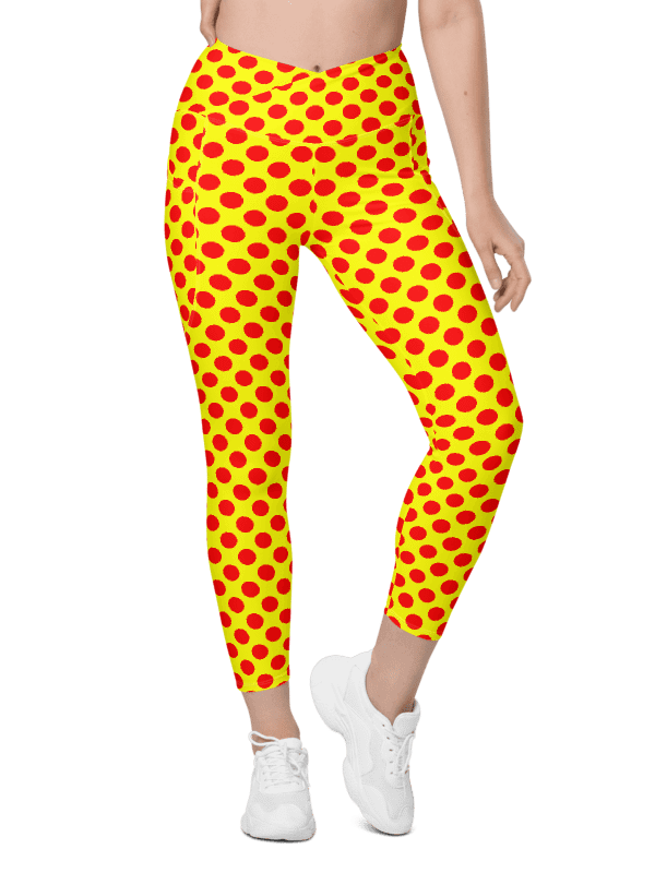 Red Polka Dots on Yellow Crossover Leggings with Pockets product image (3)
