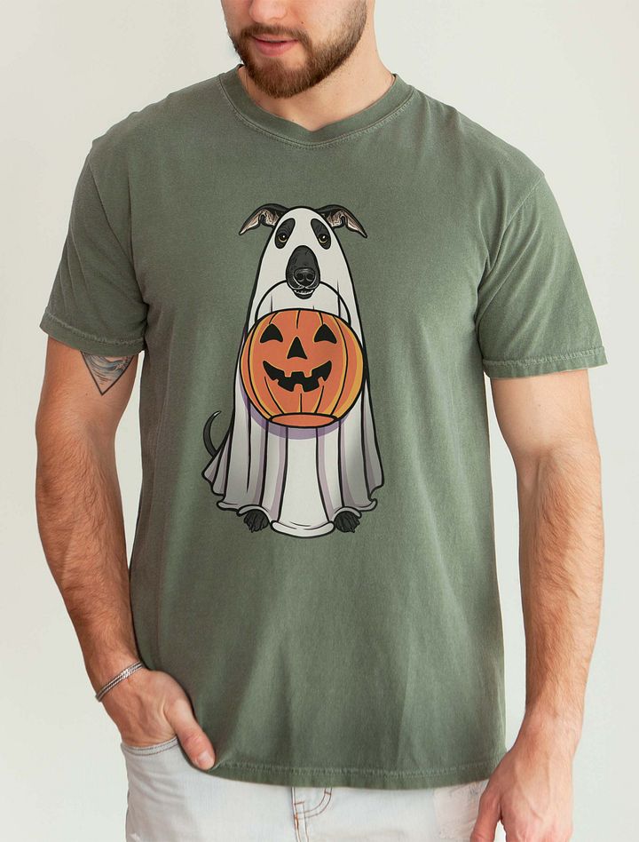 Funny Halloween Italian Greyhound(Black) T-Shirt | Funny Iggy Wearing a Ghost Costume and Holding a Pumpkin Basket product image (5)