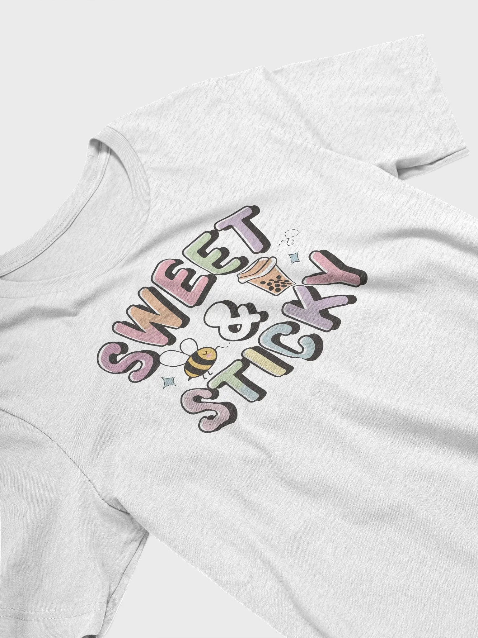 “Sweet & Sticky” t-shirt, bee and bubble tea graphic, motivational vibe clothing, adorable bee design, joyful outfit choice, unique graphic tee , bubble tea fan shirt, gift idea product image (3)